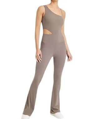 JoyLab Taupe asymmetrical One-Shoulder Cutout Flare Jumpsuit